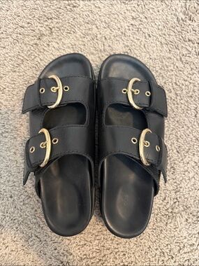 COS Black Dual-Buckle Slide Sandals with Gold Hardware